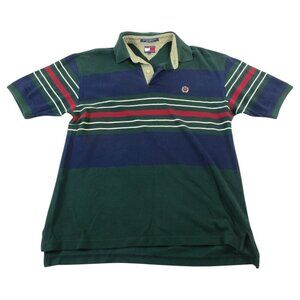 Tommy Hilfiger Polo Shirt Mens Large Green Stripe Golf Performance High Low Slit